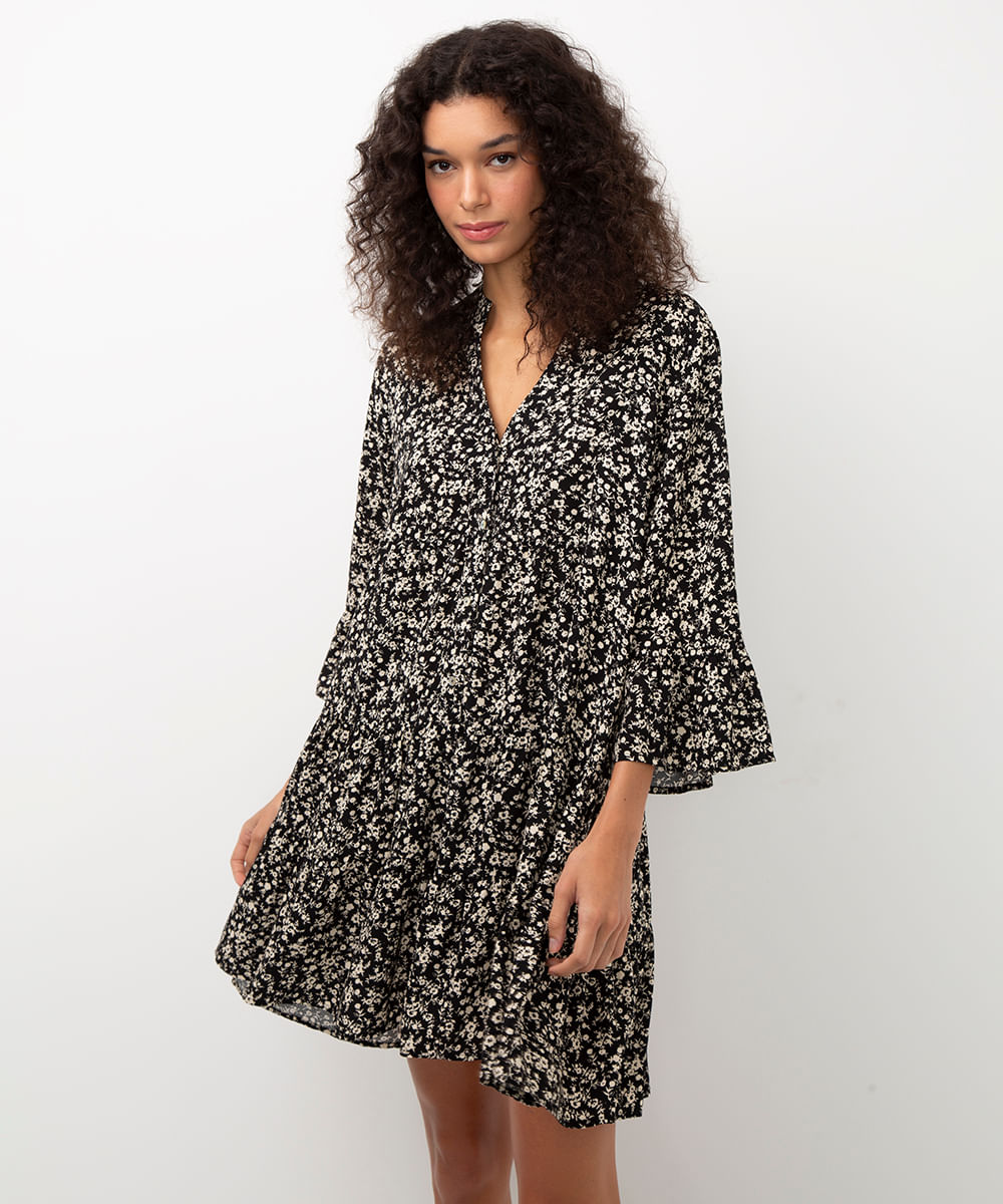 vestido curto de viscose floral preto