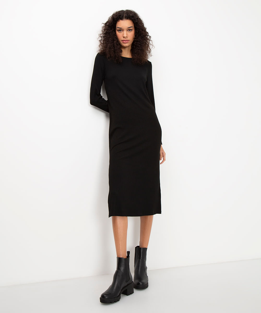 vestido midi de viscose canelado manga longa preto