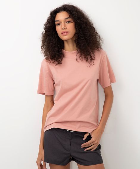 camiseta de algodão básica manga curta gola alta - rosa médio