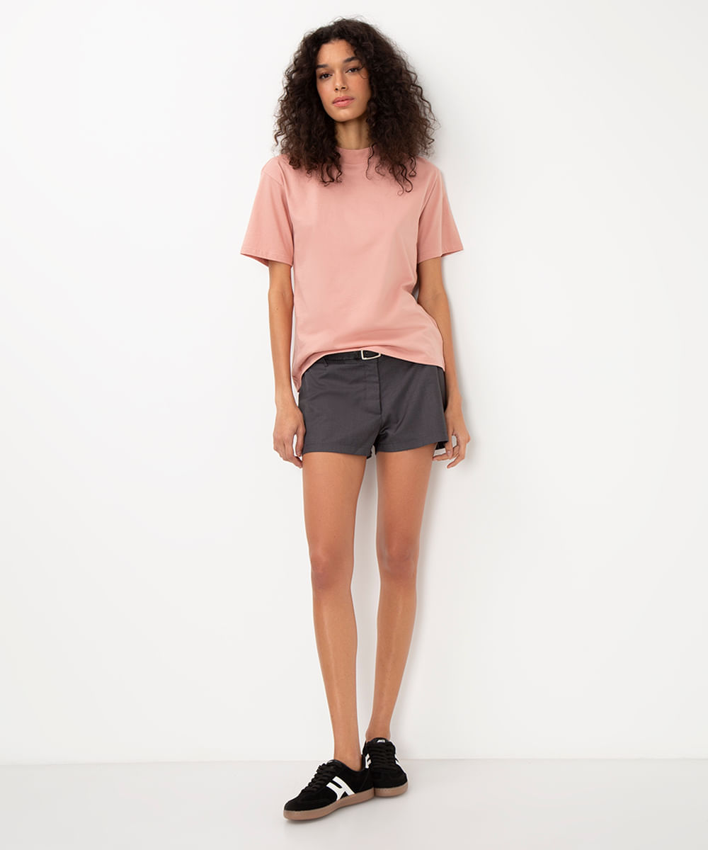 camiseta de algodão básica manga curta gola alta - rosa médio
