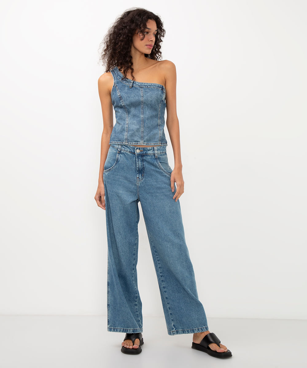 blusa jeans ombro único azul