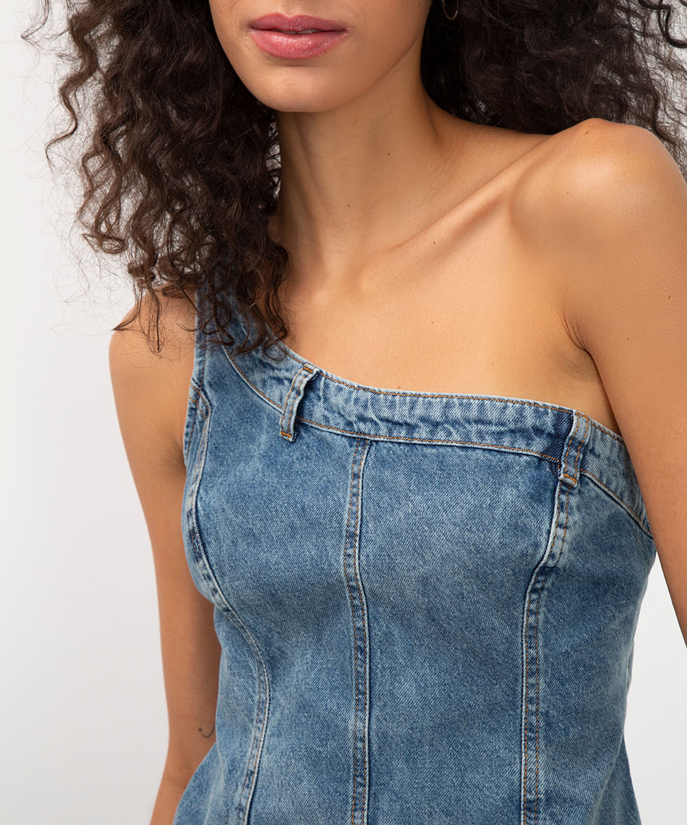 blusa jeans ombro único azul
