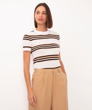 blusa de tricot listrada manga curta off white