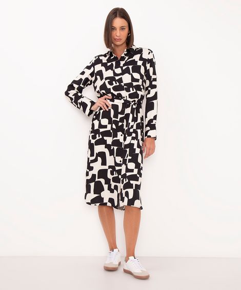 vestido chemise de viscose midi geométrico bege