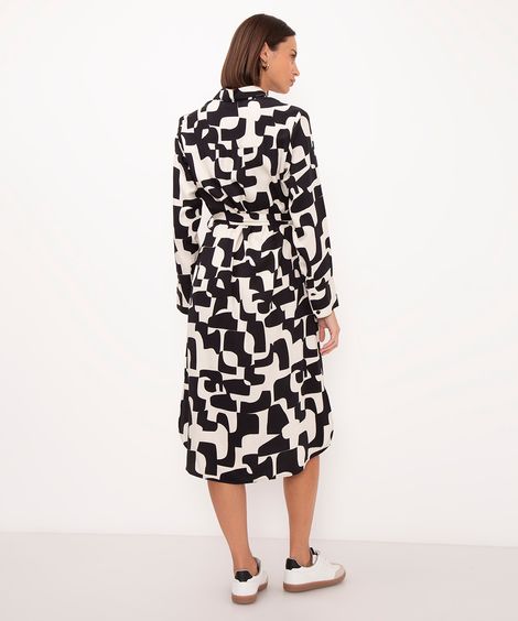 vestido chemise de viscose midi geométrico bege