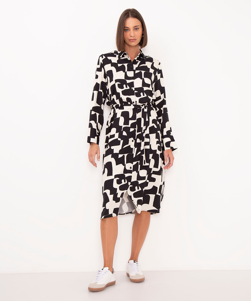 vestido chemise de viscose midi geométrico bege