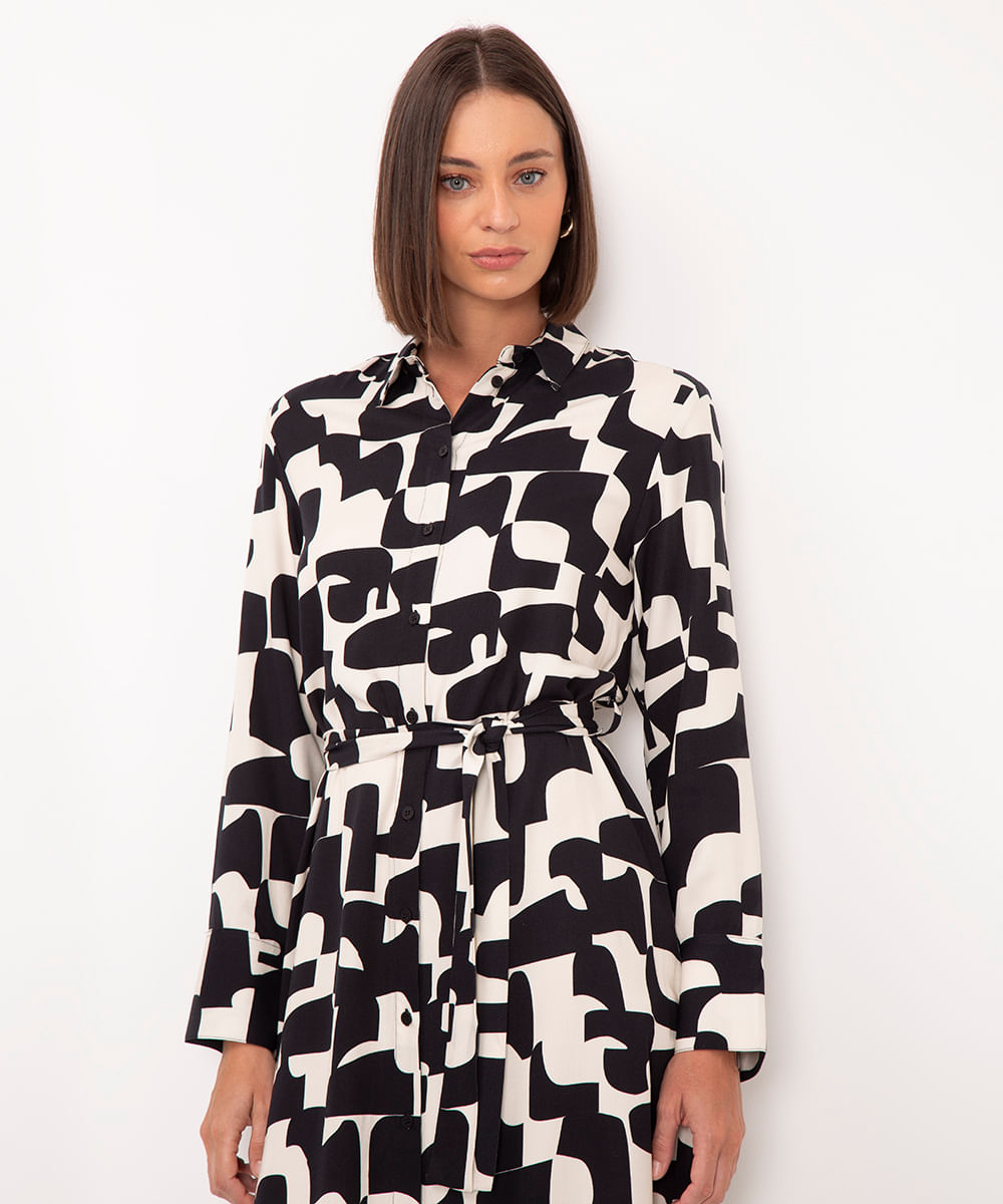 vestido chemise de viscose midi geométrico bege