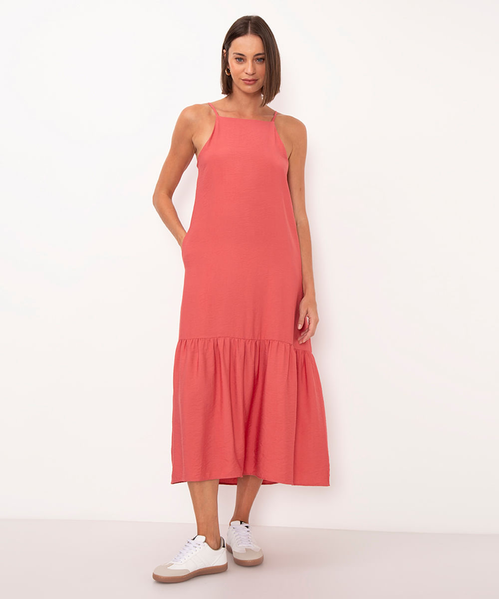 vestido midi de viscose halter neck rosa