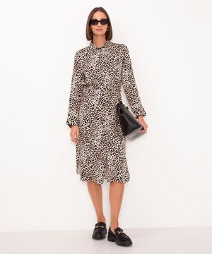 vestido chemise midi de viscose animal print bege