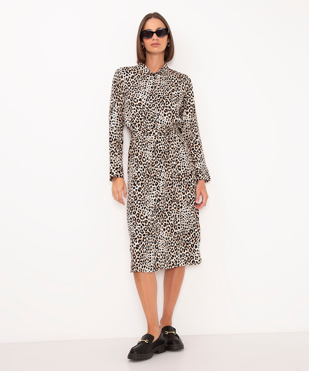 vestido chemise midi de viscose animal print bege