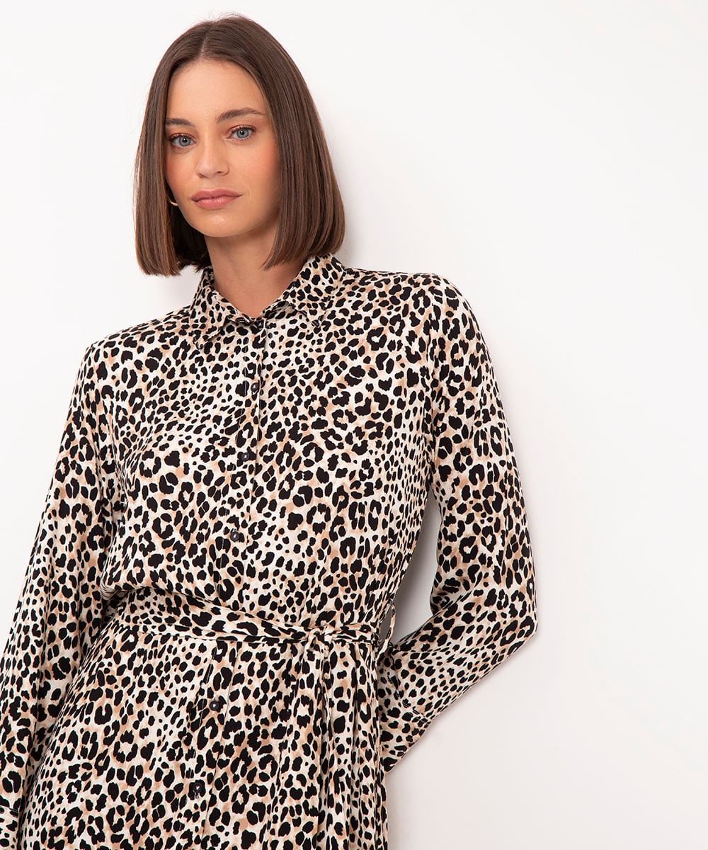 vestido chemise midi de viscose animal print bege