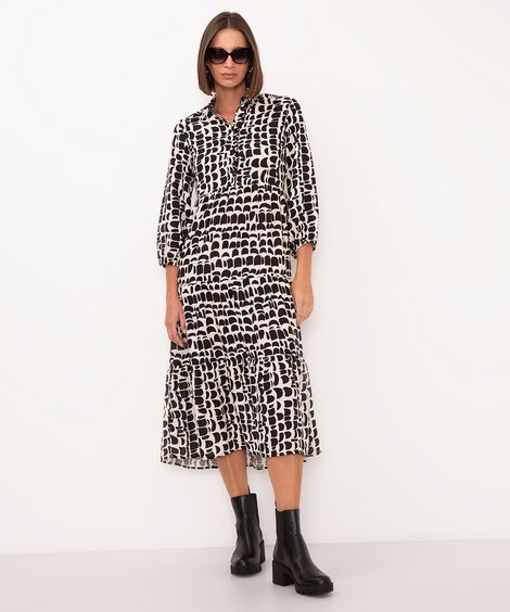 vestido chemise midi de viscose geométrico areia
