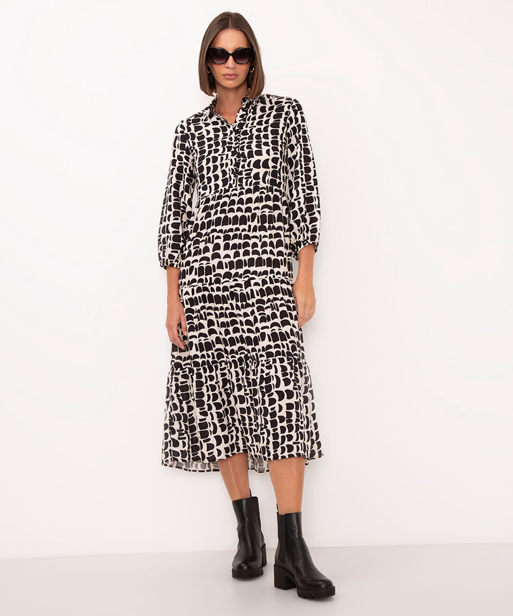 vestido chemise midi de viscose geométrico areia