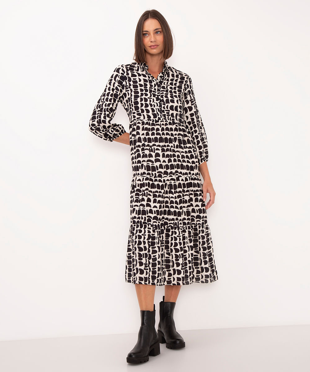 vestido chemise midi de viscose geométrico areia