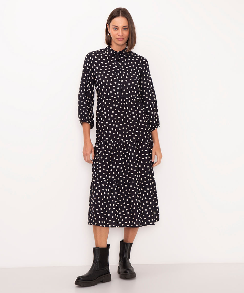 vestido chemise midi de viscose geométrico preto