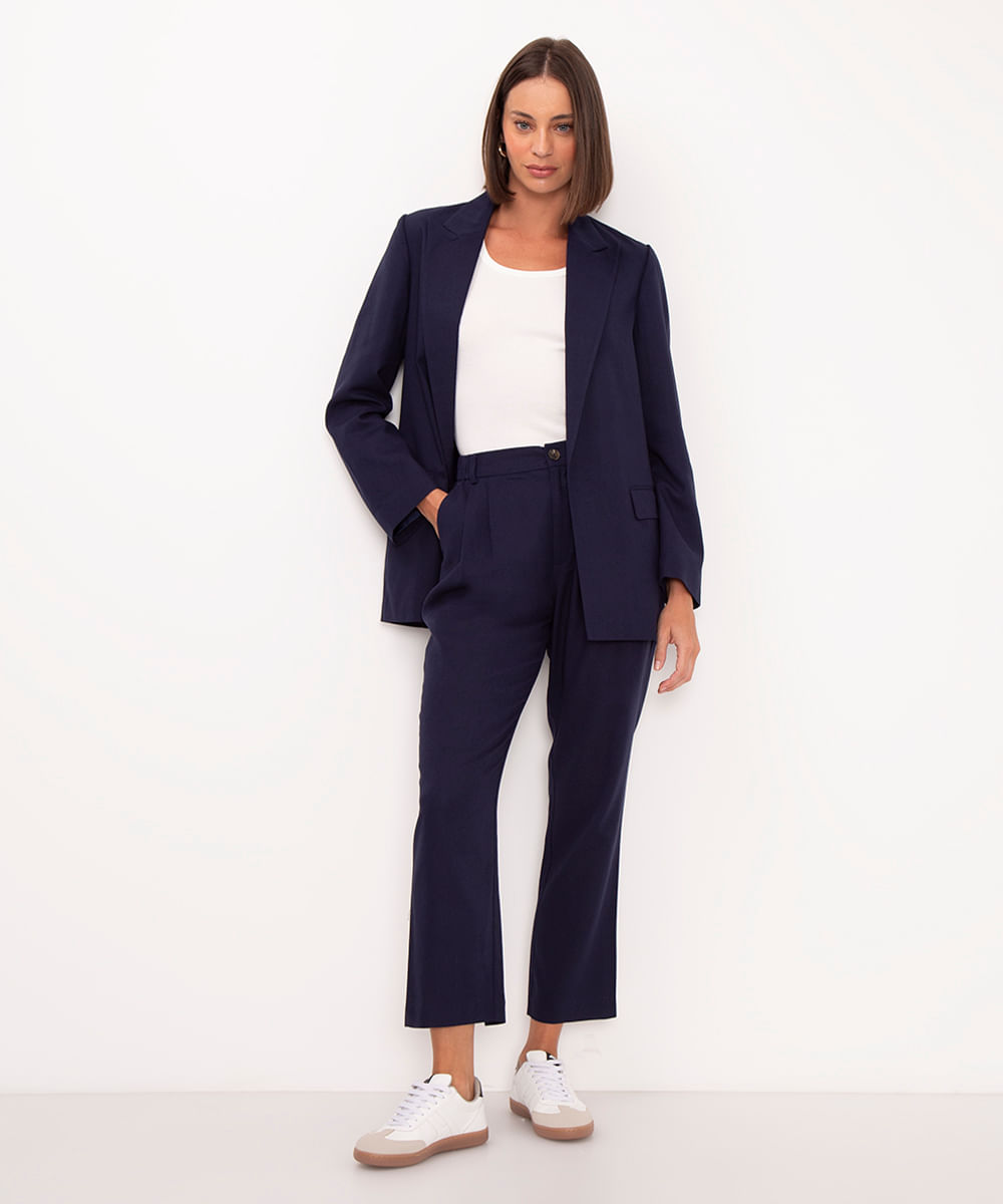 calça carrot com linho cintura alta azul