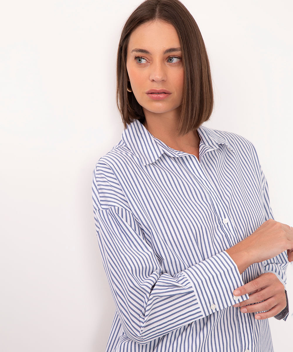 camisa de algodão oversized listrada azul