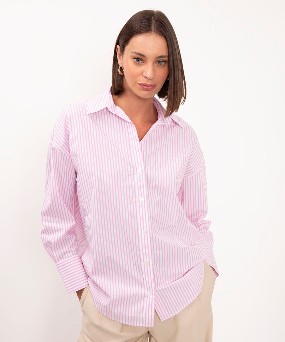 camisa de algodão oversized listrada rosa