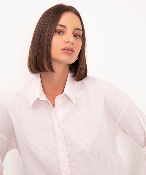 camisa de algodão listrada manga longa rosa