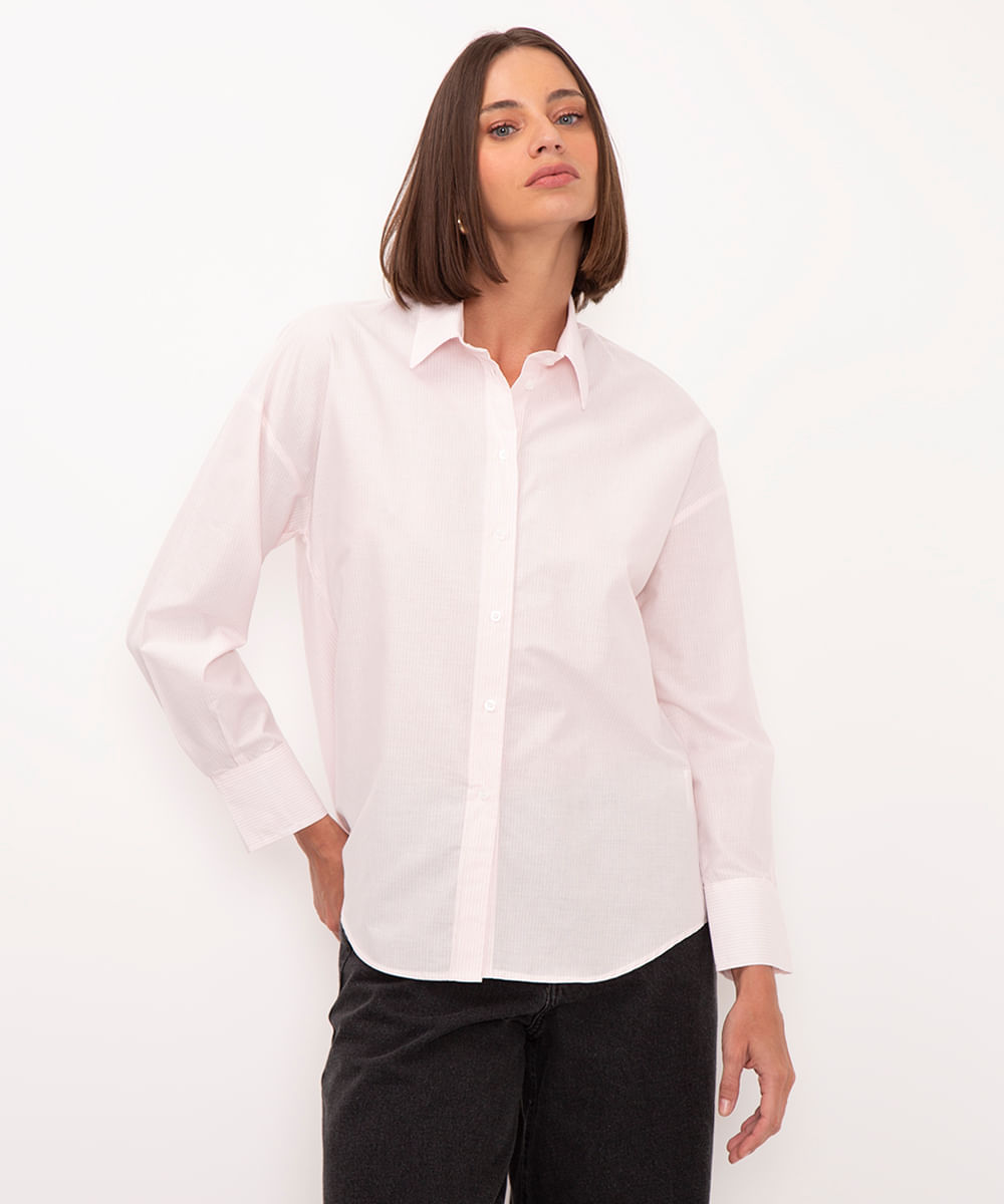 camisa de algodão listrada manga longa rosa
