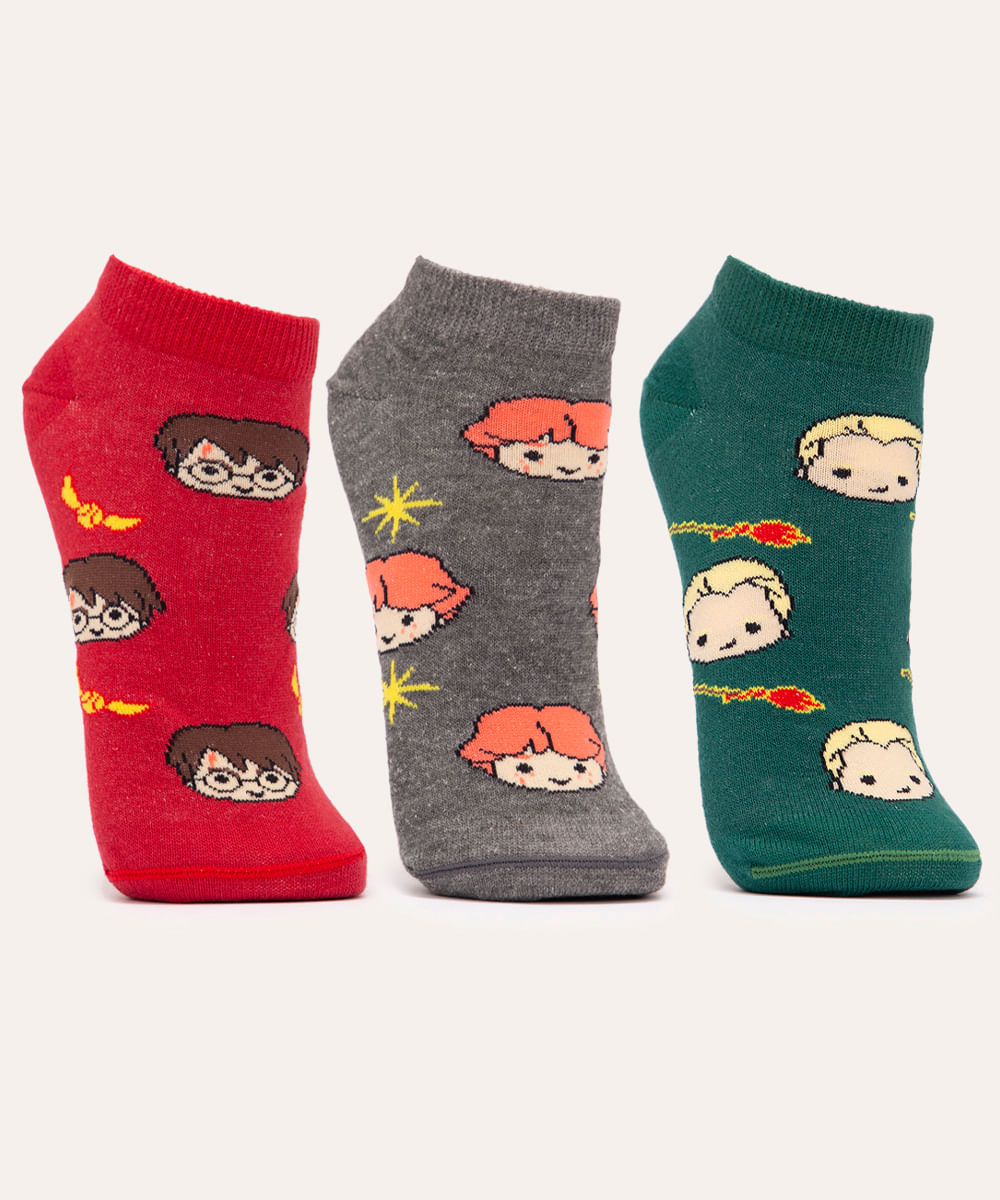 kit de 3 pares de meias cano baixo harry potter colorido