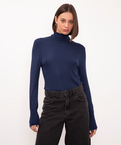 blusa gola alta manga longa botões - marinho_escuro