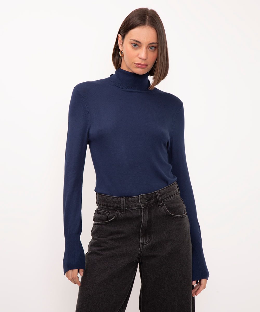 blusa gola alta manga longa botões - marinho_escuro