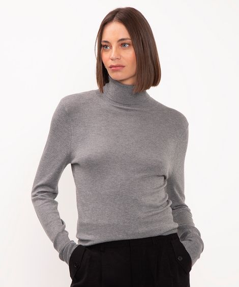 blusa gola alta manga longa botões - cinza mescla claro