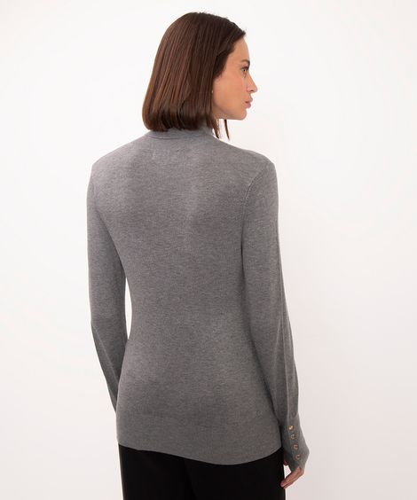 blusa gola alta manga longa botões - cinza mescla claro