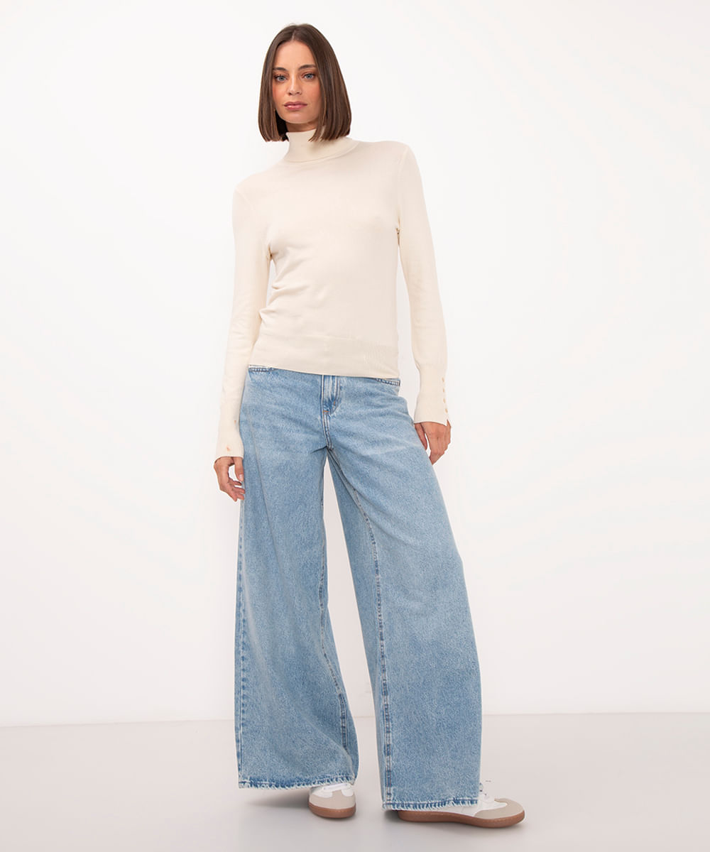 blusa gola alta manga longa botões - cru