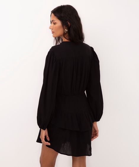 vestido curto de algodão com babado preto
