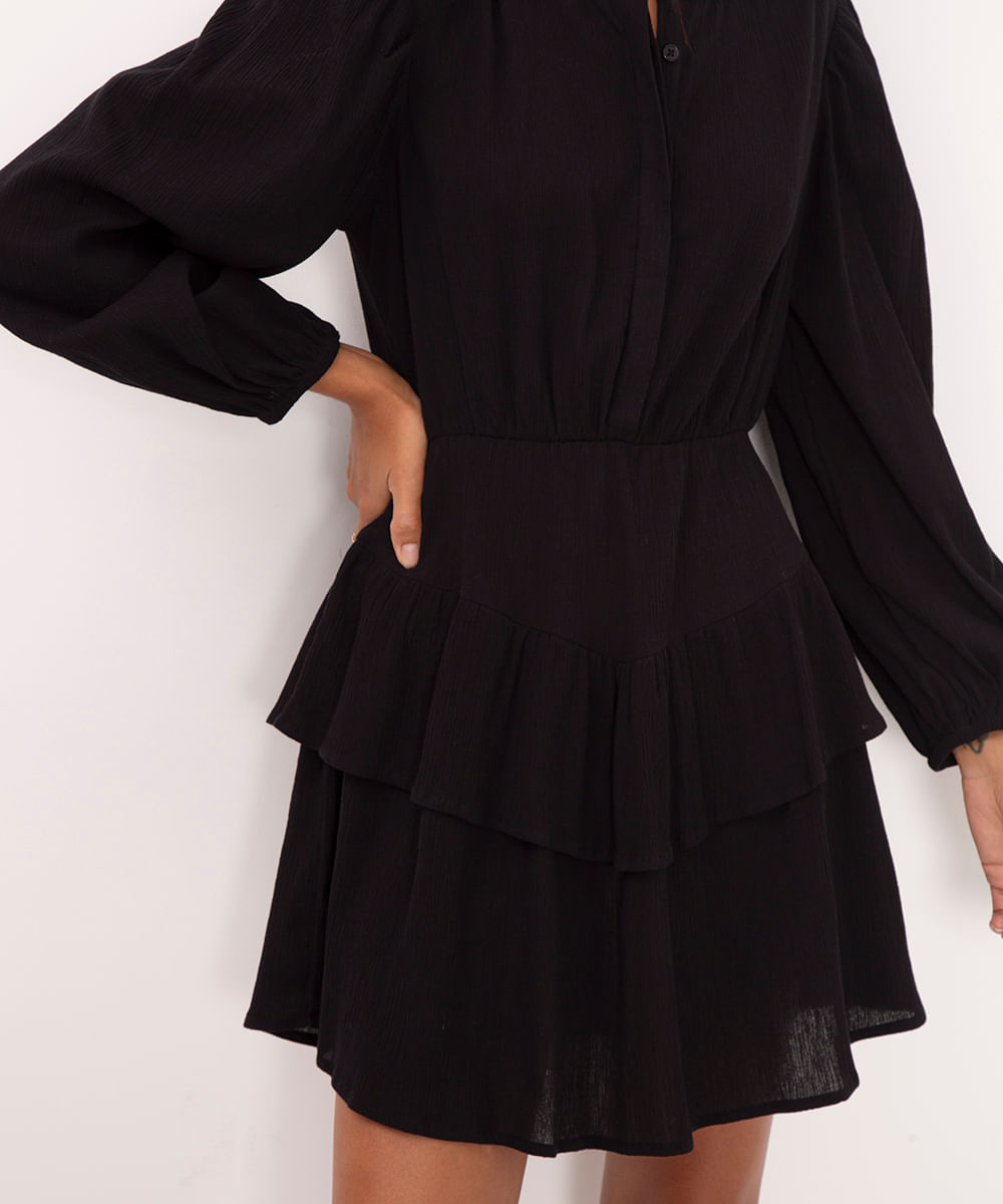 vestido curto de algodão com babado preto