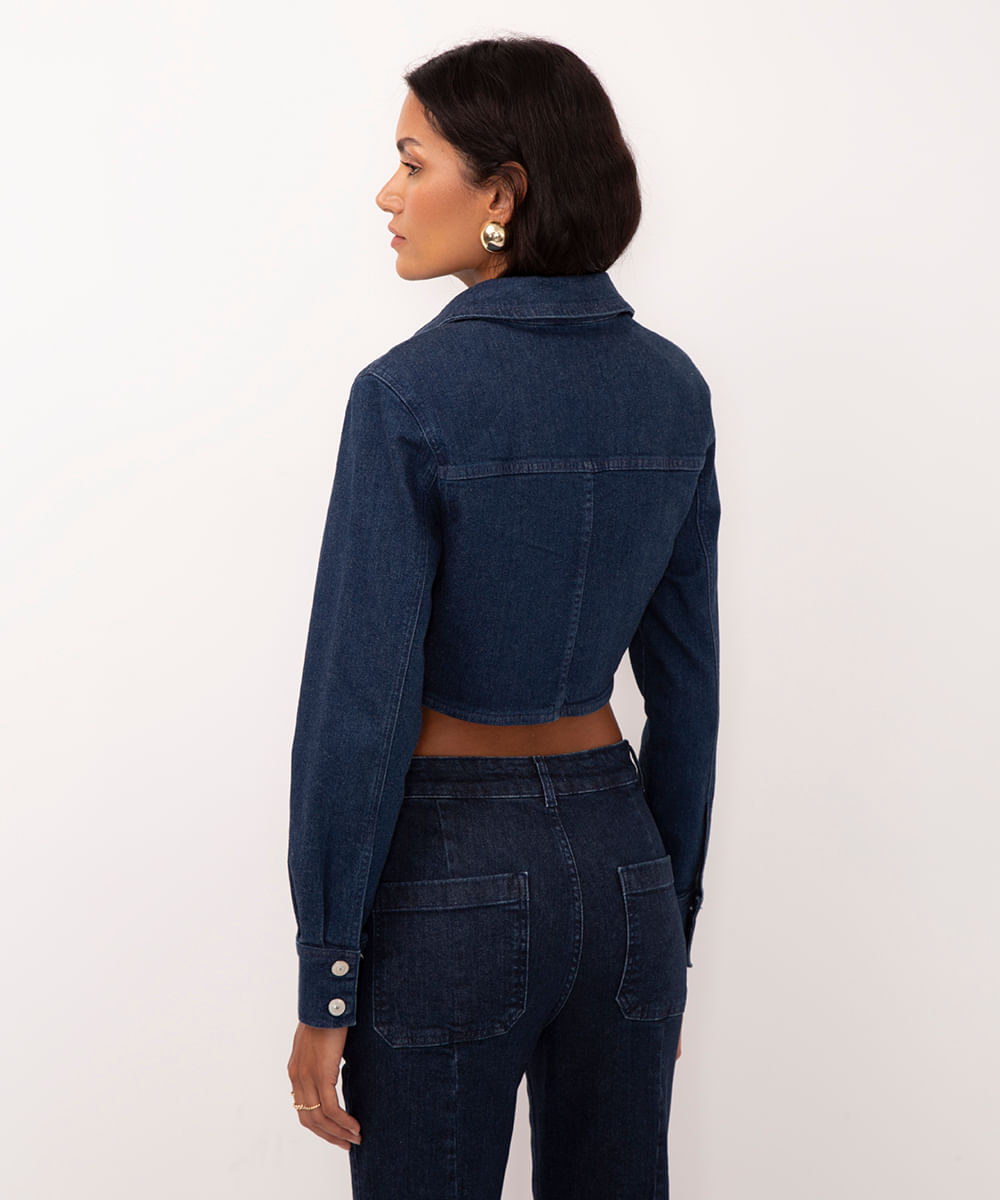 jaqueta jeans cropped corset ombreira azul