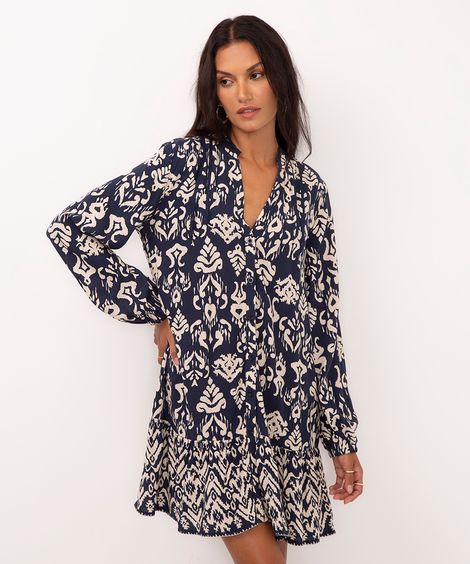 vestido curto de viscose manga bufante azul marinho