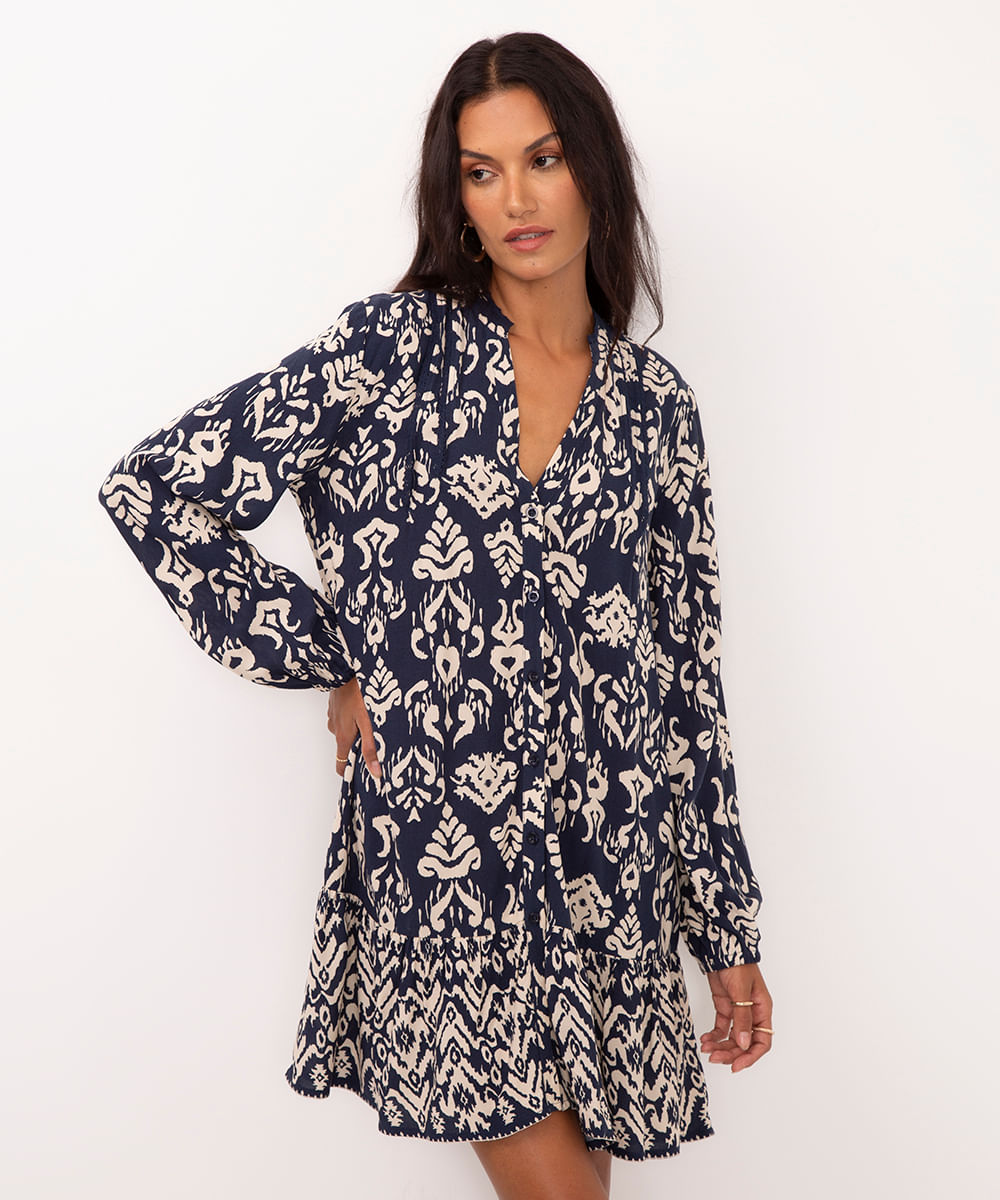 vestido curto de viscose manga bufante azul marinho