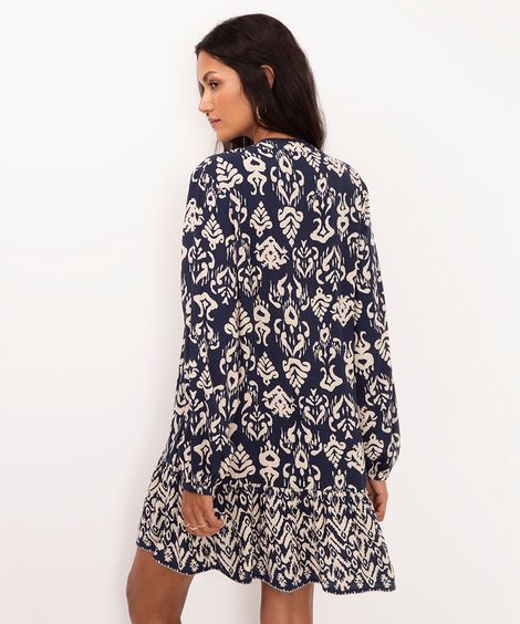 vestido curto de viscose manga bufante azul marinho