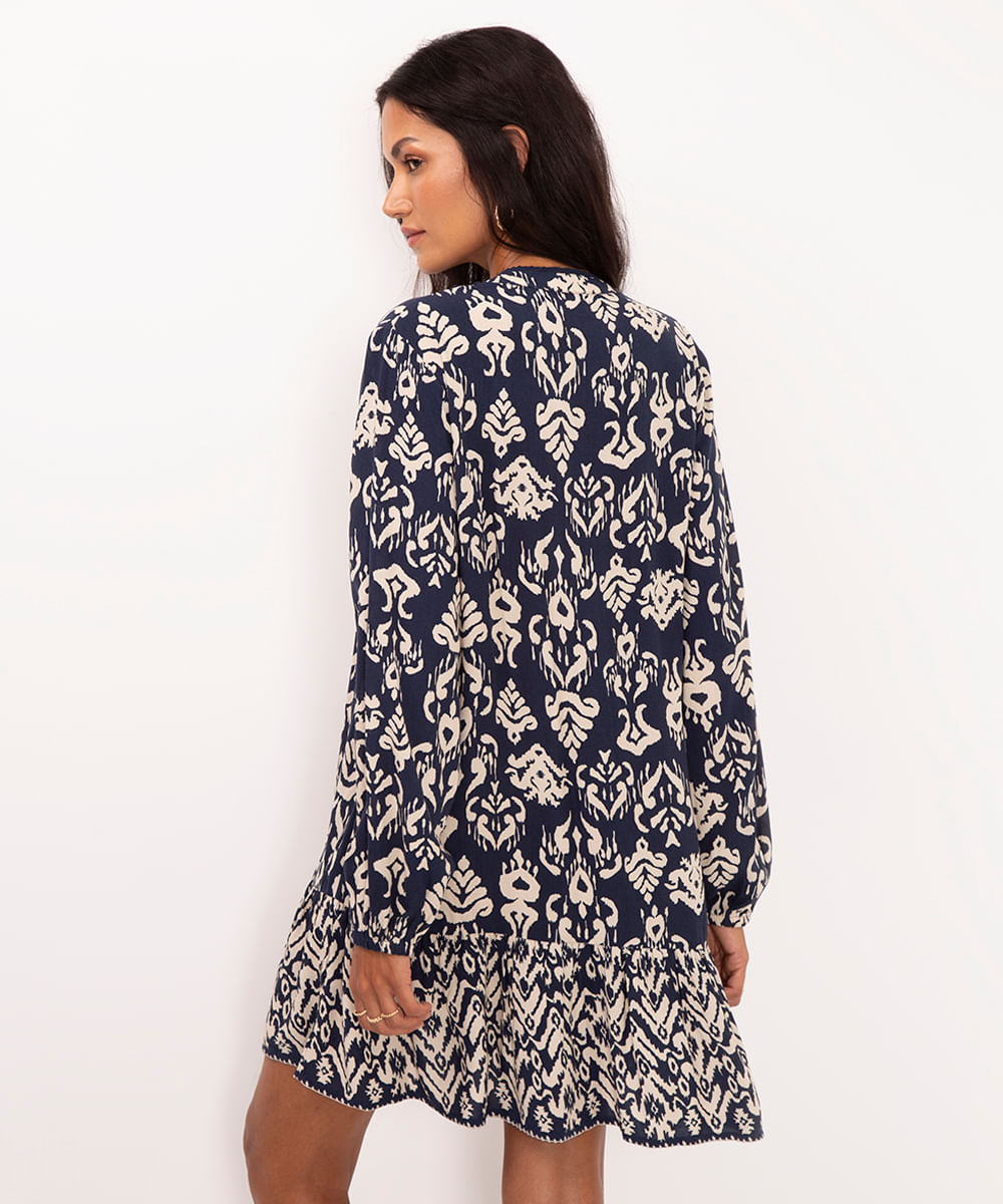 vestido curto de viscose manga bufante azul marinho