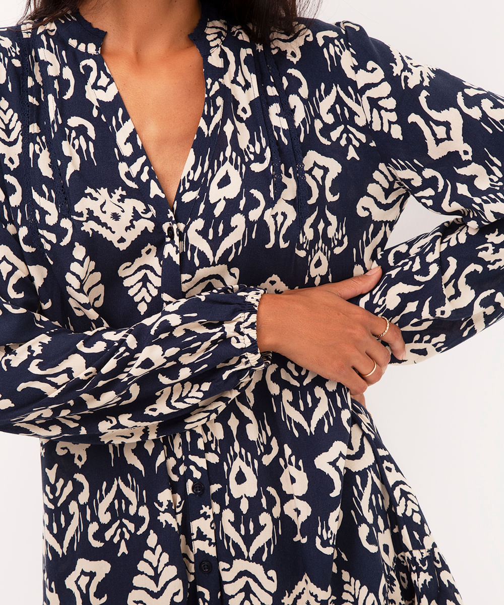 vestido curto de viscose manga bufante azul marinho