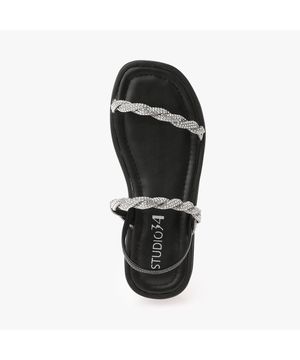 Sandália Flatform Com Tiras De Strass Preto