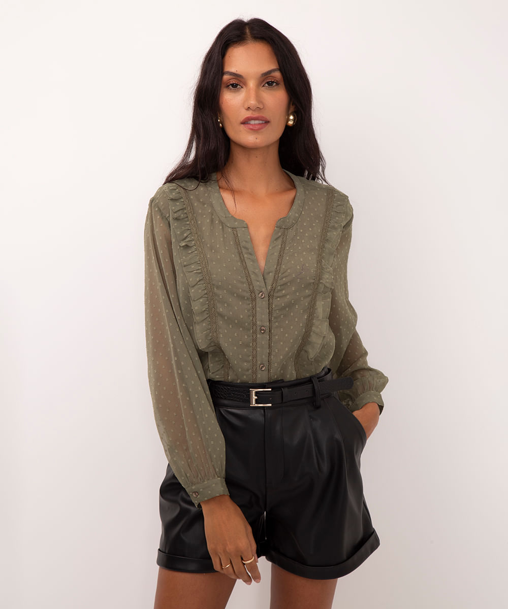 bata com babado manga longa verde militar