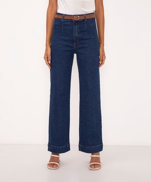 calça jeans wide leg slim cintura super alta com cinto azul escuro