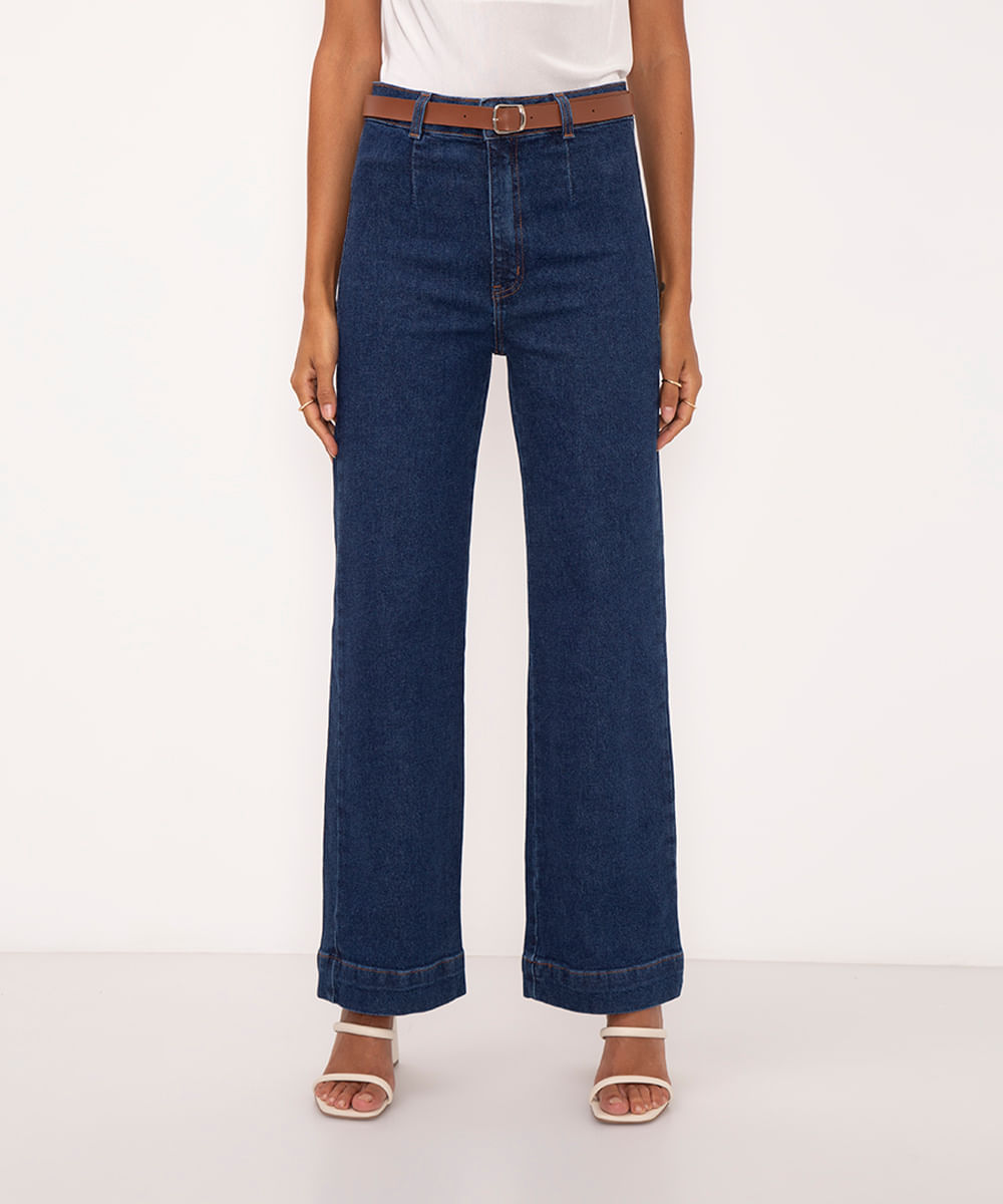 calça jeans wide leg slim cintura super alta com cinto azul escuro