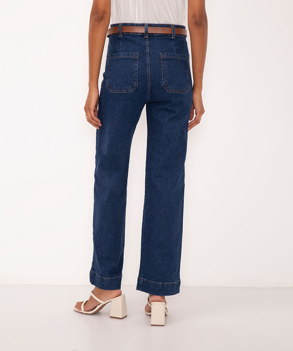 calça jeans wide leg slim cintura super alta com cinto azul escuro