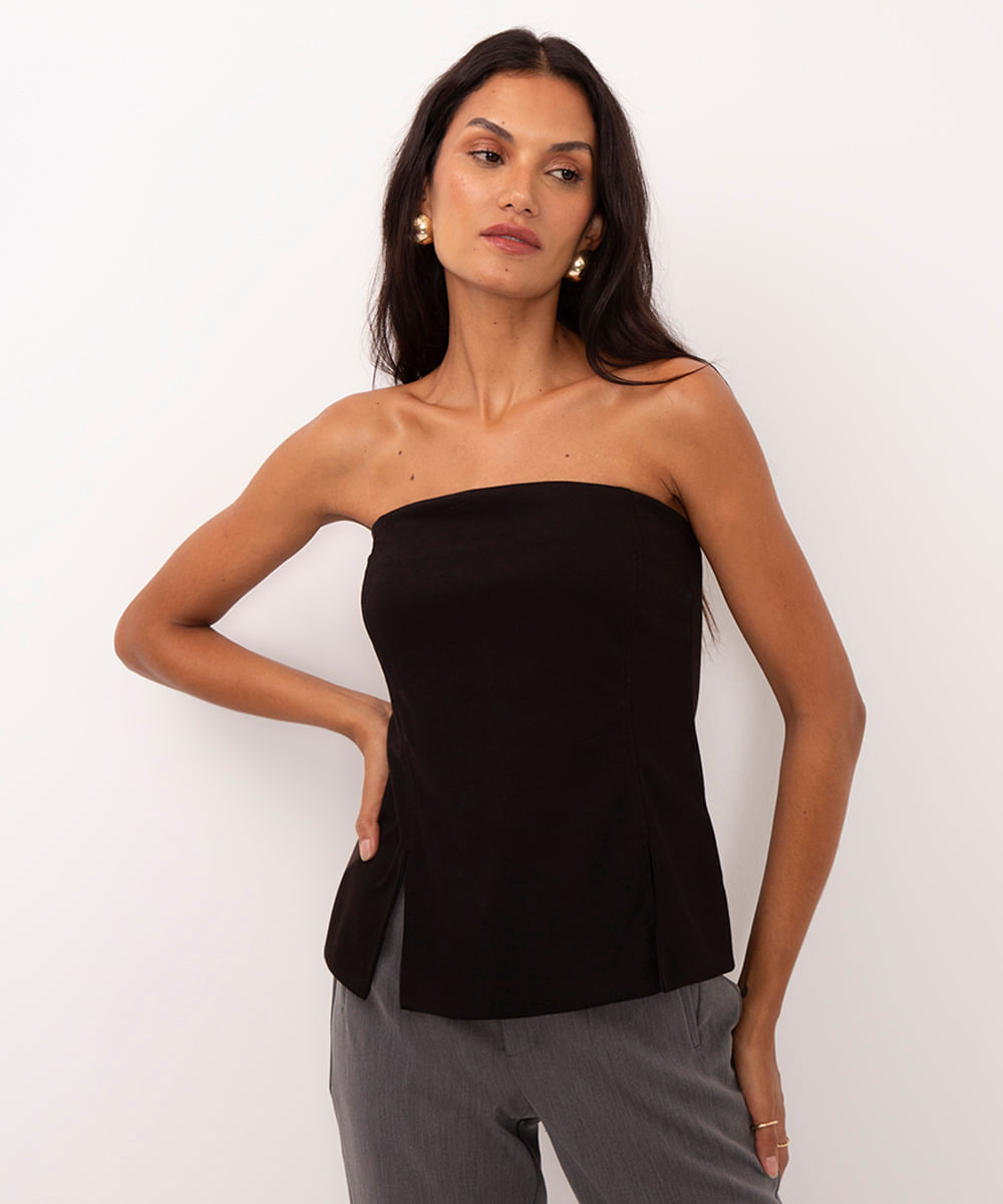 blusa sem manga com fenda preta