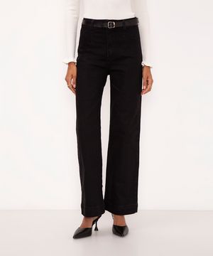 calça de sarja wide leg cintura super alta com cinto preto