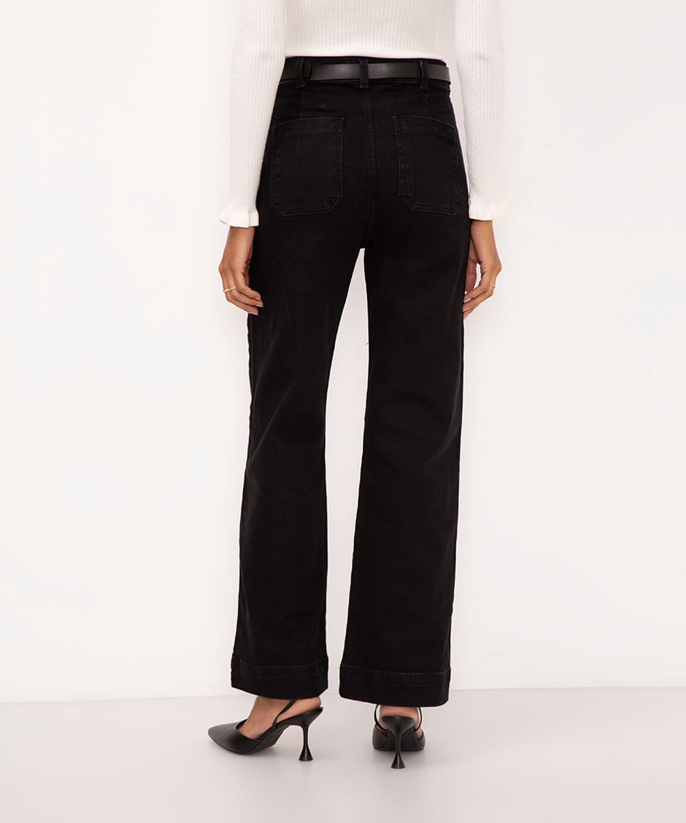 calça de sarja wide leg cintura super alta com cinto preto