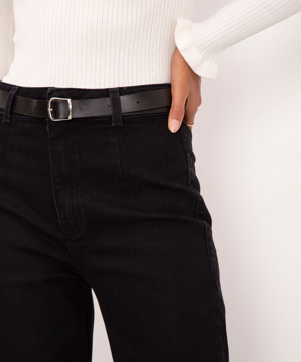 calça de sarja wide leg cintura super alta com cinto preto