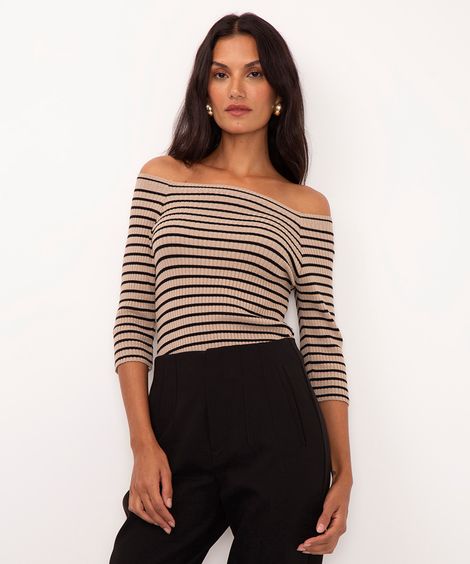 blusa de tricot listrada ombro a ombro bege