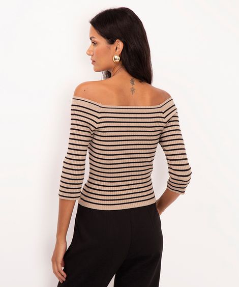 blusa de tricot listrada ombro a ombro bege