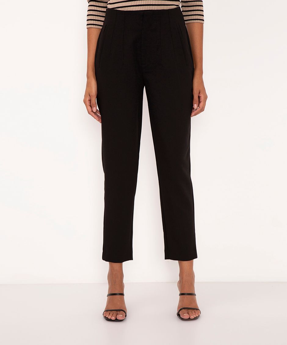 calça alfaiataria cintura alta com pences - preto
